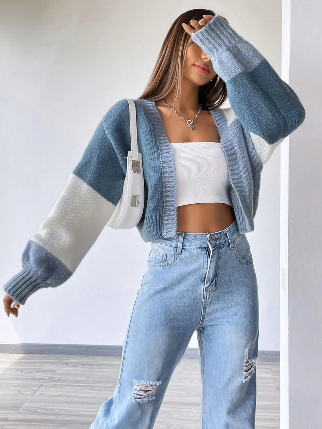 SHENHE Women's Color Block Cardigan Open Front Long Sleeve Knit Cropped Sweater