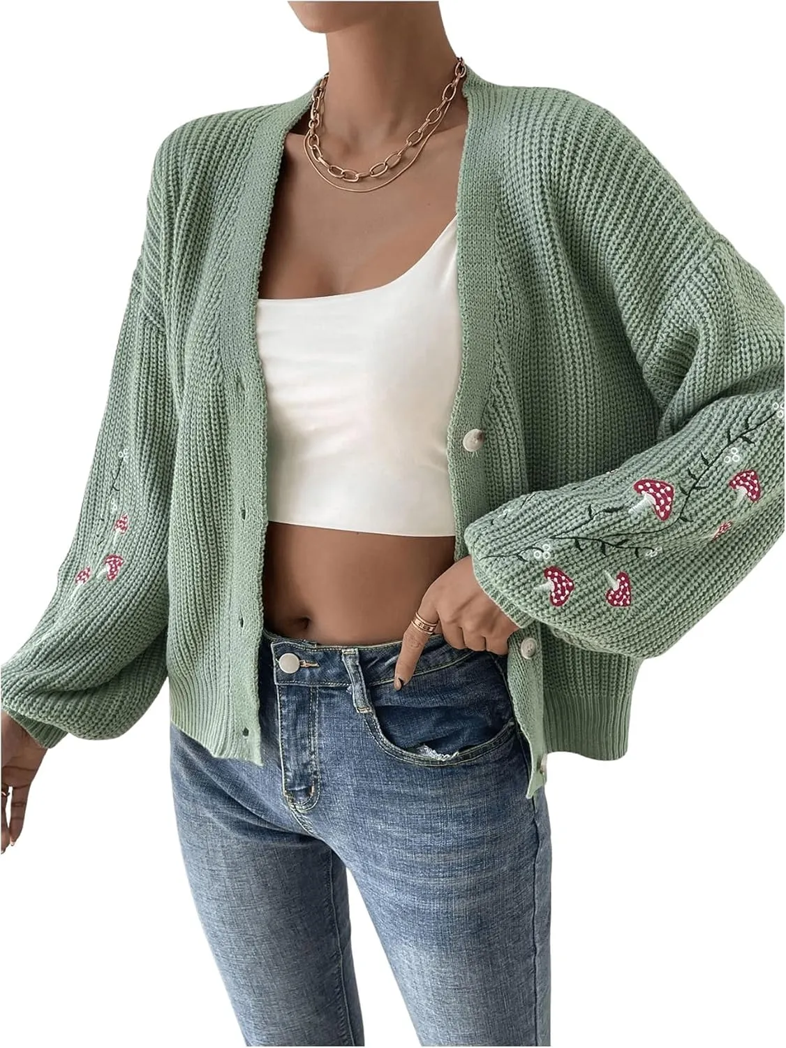 SHENHE Women's Embroidery Cardigan Drop Shoulder Button Front Duster Knit Sweater