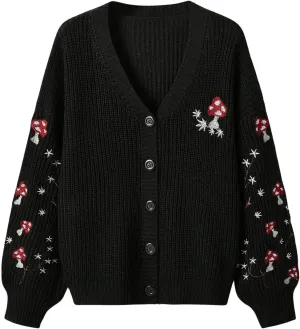 SHENHE Women's Embroidery Cardigan Drop Shoulder Button Front Duster Knit Sweater