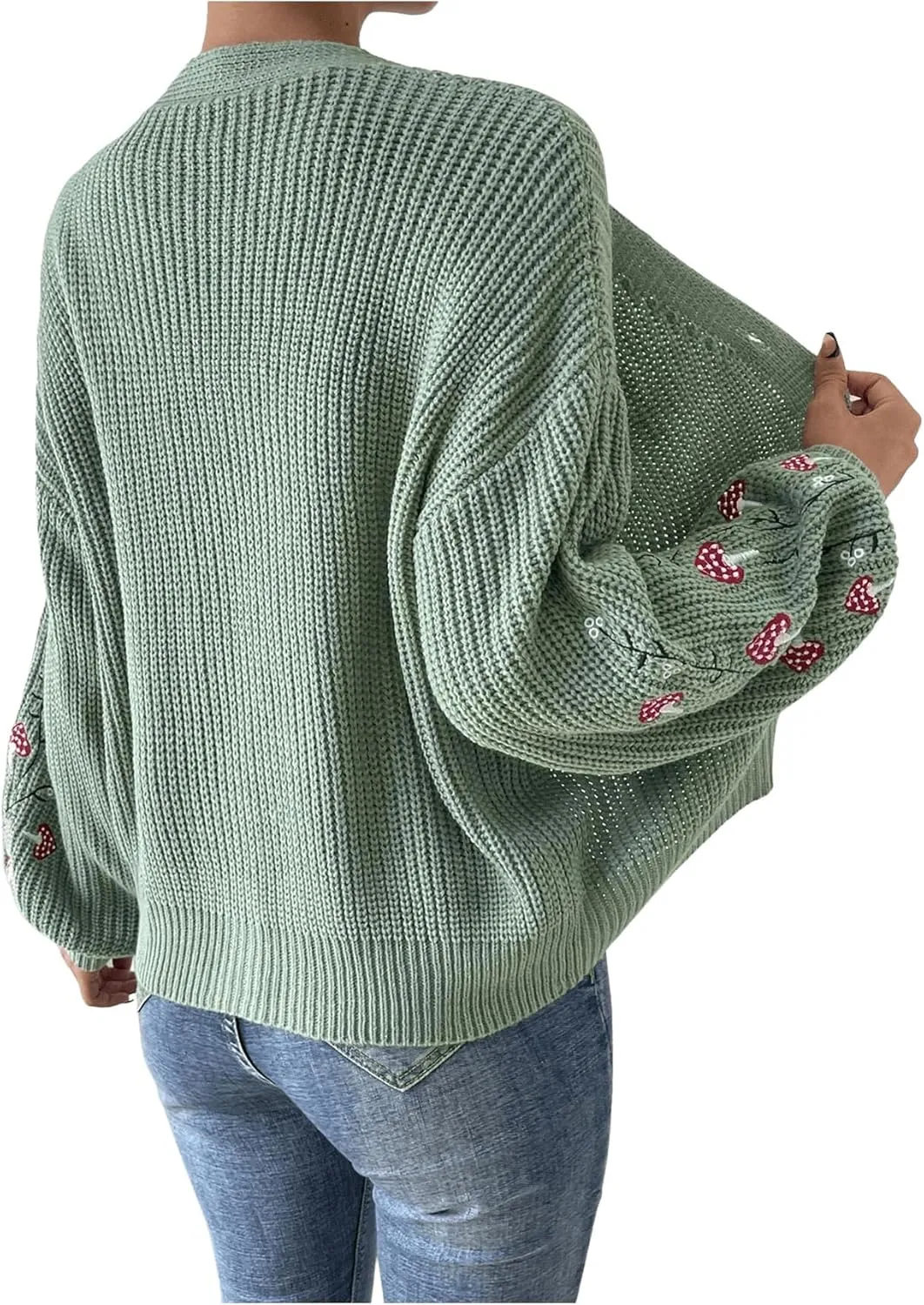 SHENHE Women's Embroidery Cardigan Drop Shoulder Button Front Duster Knit Sweater