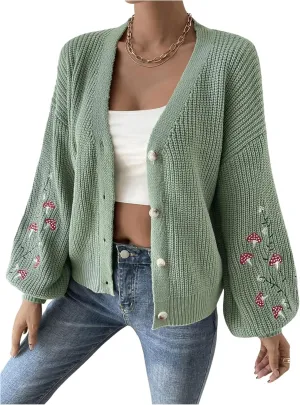SHENHE Women's Embroidery Cardigan Drop Shoulder Button Front Duster Knit Sweater