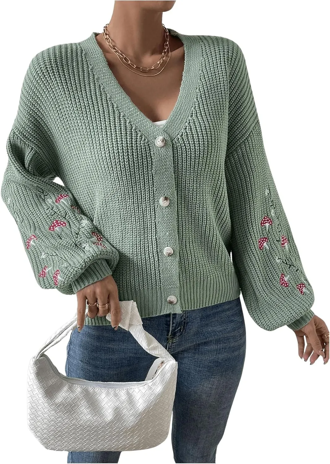 SHENHE Women's Embroidery Cardigan Drop Shoulder Button Front Duster Knit Sweater