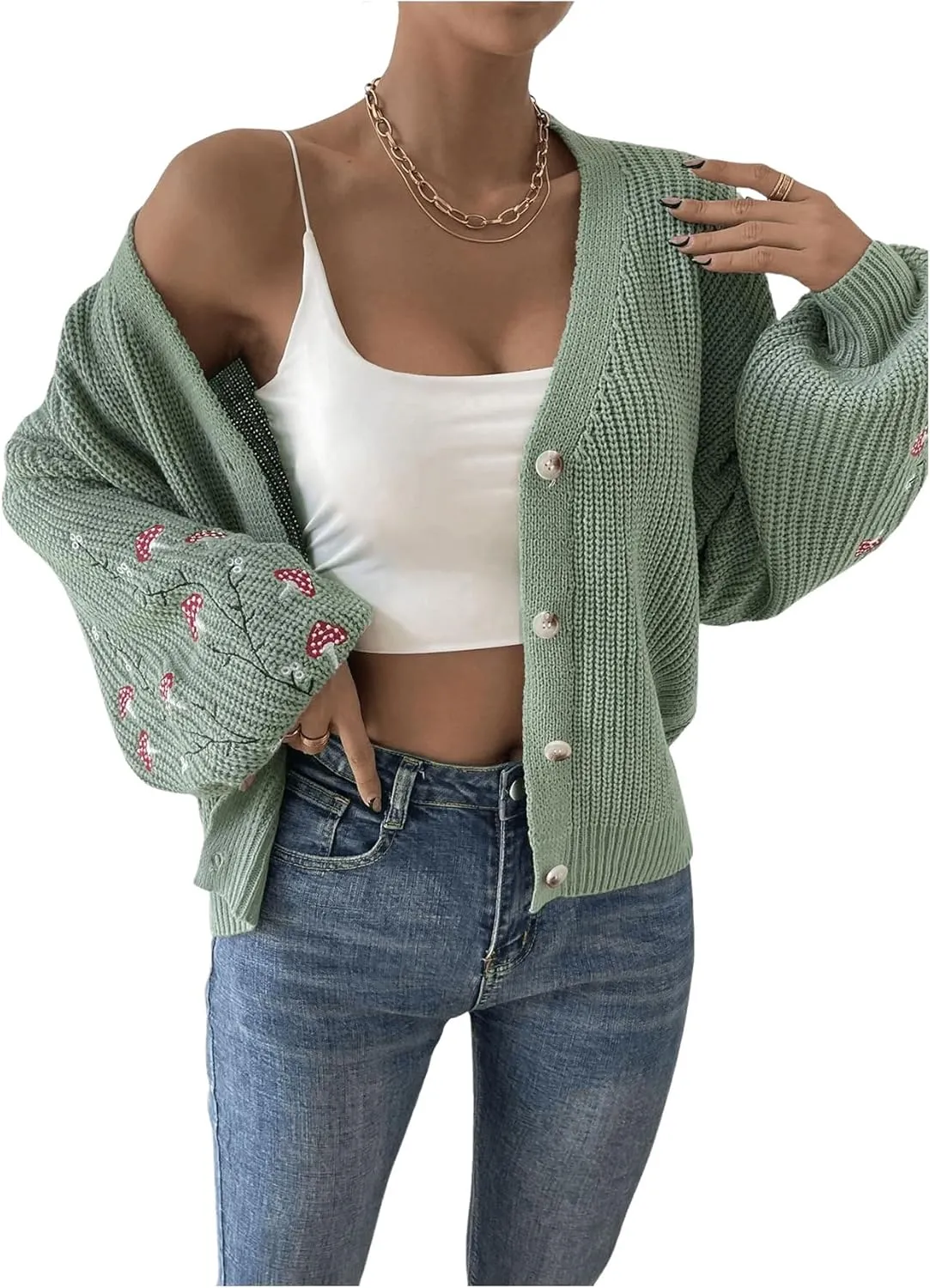 SHENHE Women's Embroidery Cardigan Drop Shoulder Button Front Duster Knit Sweater
