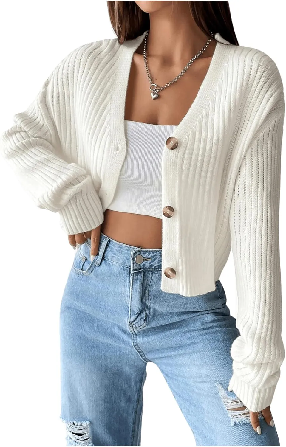 SHENHE Women's Ribbed Knit V Neck Button Down Long Sleeve Drop Shoulder Cardigan Sweater