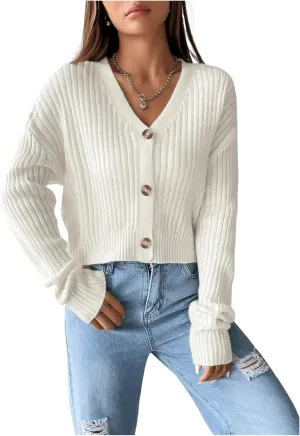 SHENHE Women's Ribbed Knit V Neck Button Down Long Sleeve Drop Shoulder Cardigan Sweater