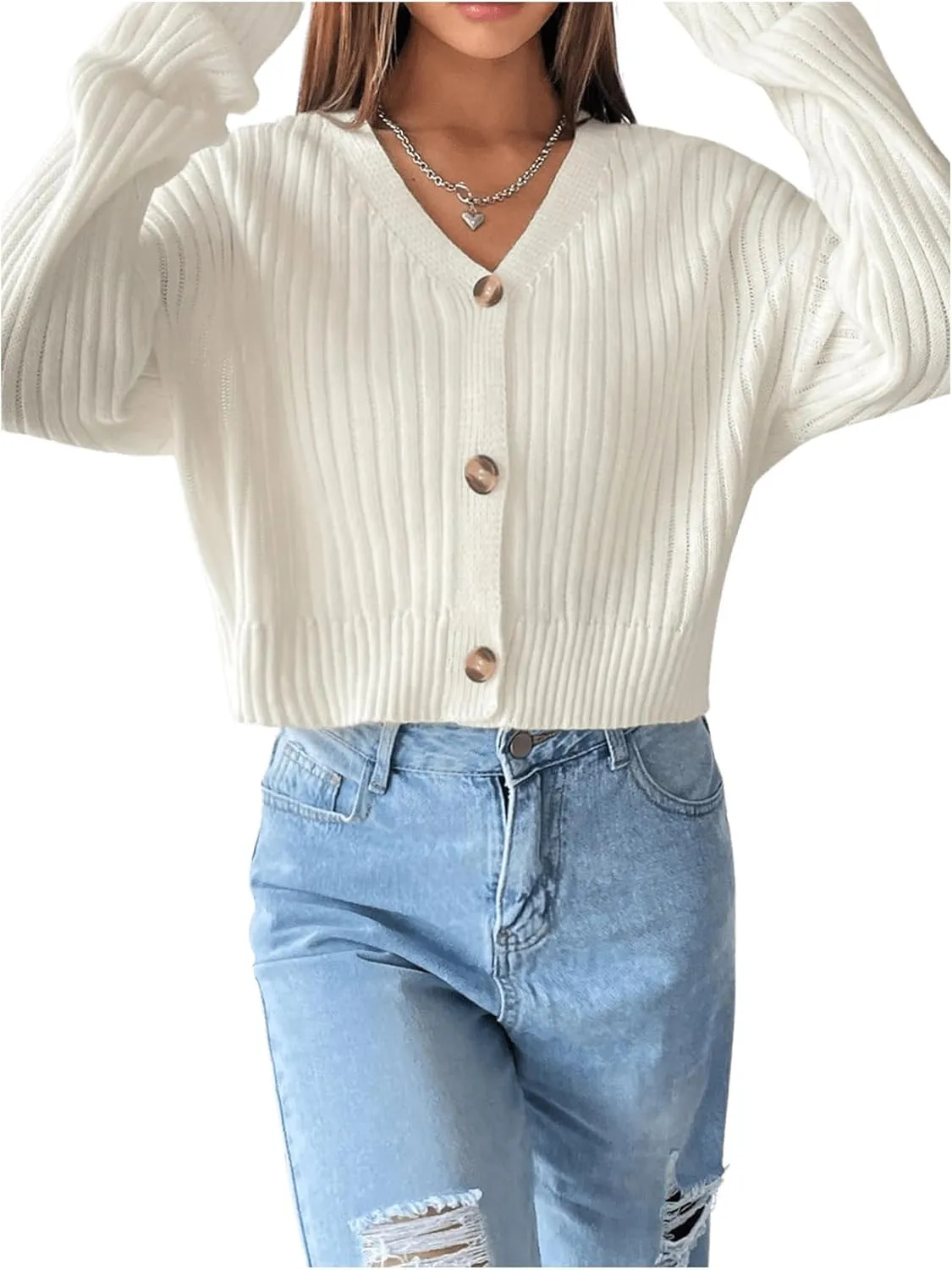 SHENHE Women's Ribbed Knit V Neck Button Down Long Sleeve Drop Shoulder Cardigan Sweater