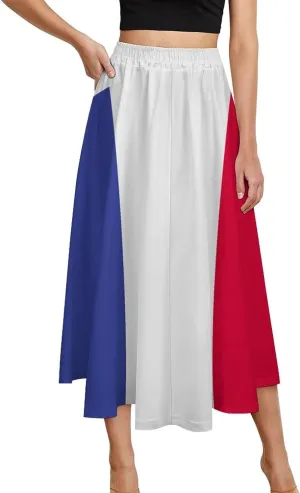 Skirts for Womens France National Flag Summer Comfy Dress Casual High Waist Holiday Long Skirts