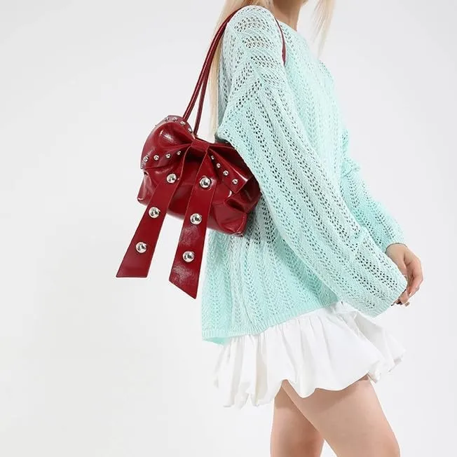 Small Coquette Purse for Women Y2k Shoulder Bag Underarm Studded Purses with Bow Aesthetic Hobo Bowknot Handbag