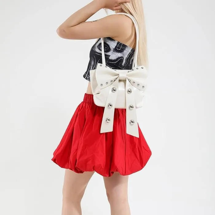 Small Coquette Purse for Women Y2k Shoulder Bag Underarm Studded Purses with Bow Aesthetic Hobo Bowknot Handbag