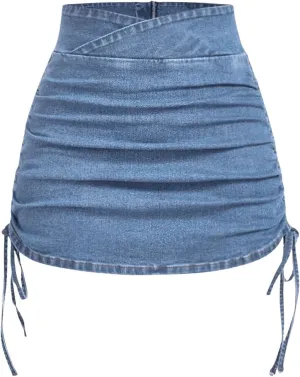 SOLY HUX Women's Denim Skirts Ruched High Waisted Side Drawstring Bodycon Mini Skirt Summer Clothes