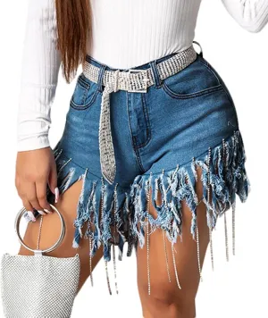 SOMTHRON Women's High Waisted Tassel Hot Denim Shorts Chain Fringed Short Jean Pants Sexy Party Clubwear
