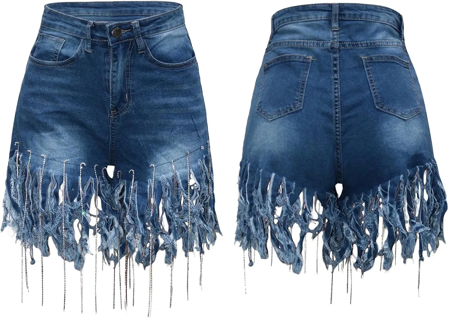 SOMTHRON Women's High Waisted Tassel Hot Denim Shorts Chain Fringed Short Jean Pants Sexy Party Clubwear