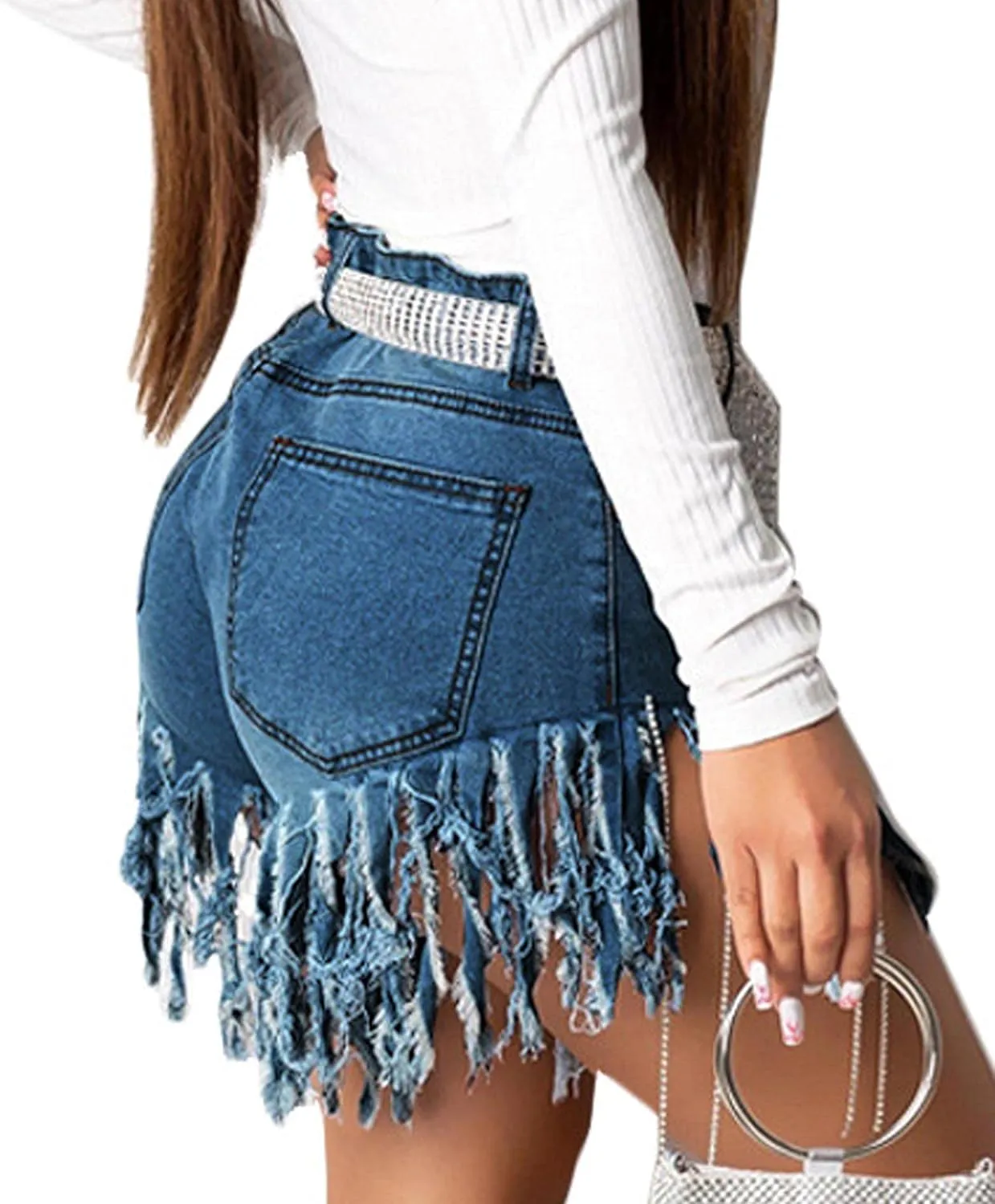 SOMTHRON Women's High Waisted Tassel Hot Denim Shorts Chain Fringed Short Jean Pants Sexy Party Clubwear