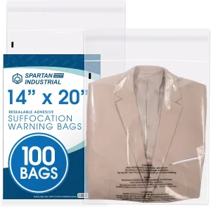 Spartan Industrial - Self Seal Clear Poly Bags with Suffocation Warning for Packaging, T Shirts & - Resealable Glue (14" X 20", 100, Count)
