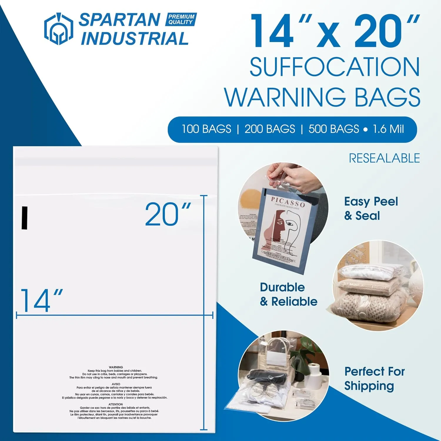 Spartan Industrial - Self Seal Clear Poly Bags with Suffocation Warning for Packaging, T Shirts & - Resealable Glue (14" X 20", 100, Count)