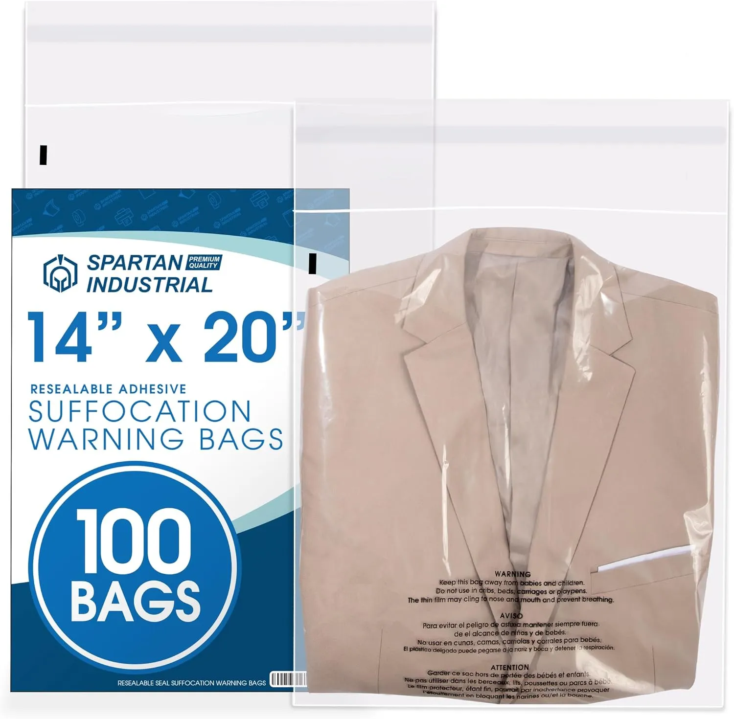 Spartan Industrial - Self Seal Clear Poly Bags with Suffocation Warning for Packaging, T Shirts & - Resealable Glue (14" X 20", 100, Count)