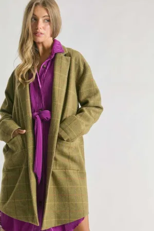 Split Pea Mid Length Tweed Plaid Coat