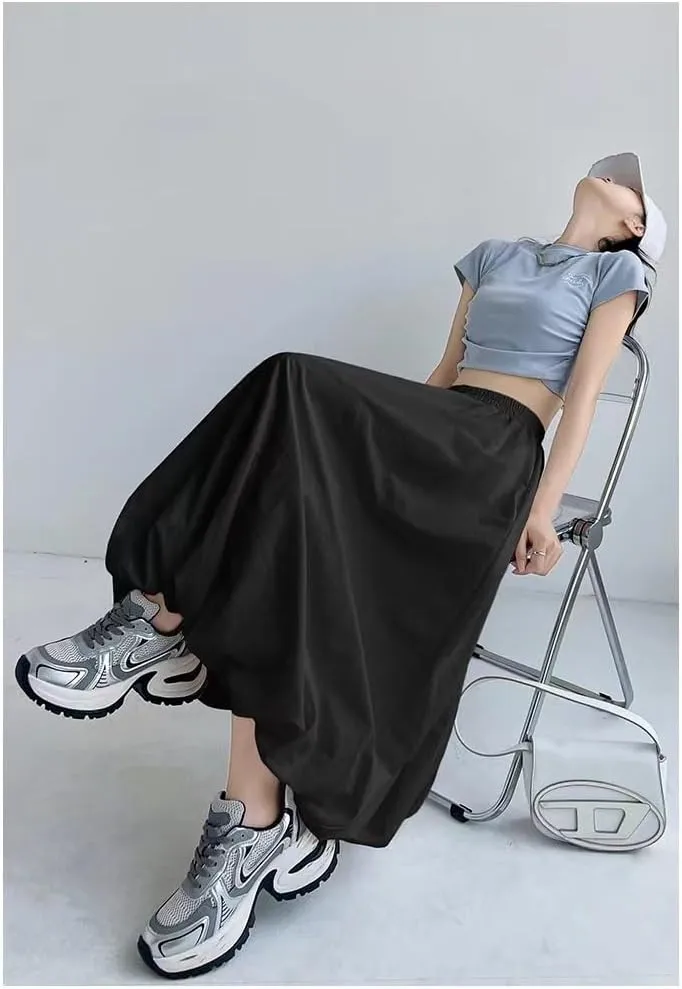 Sumleno Women 2025 Summer Bubble Maxi Skirt Ruffle Pleated Elastic Waist A-Line Long Skirt Y2k Aesthetic Midi Dress