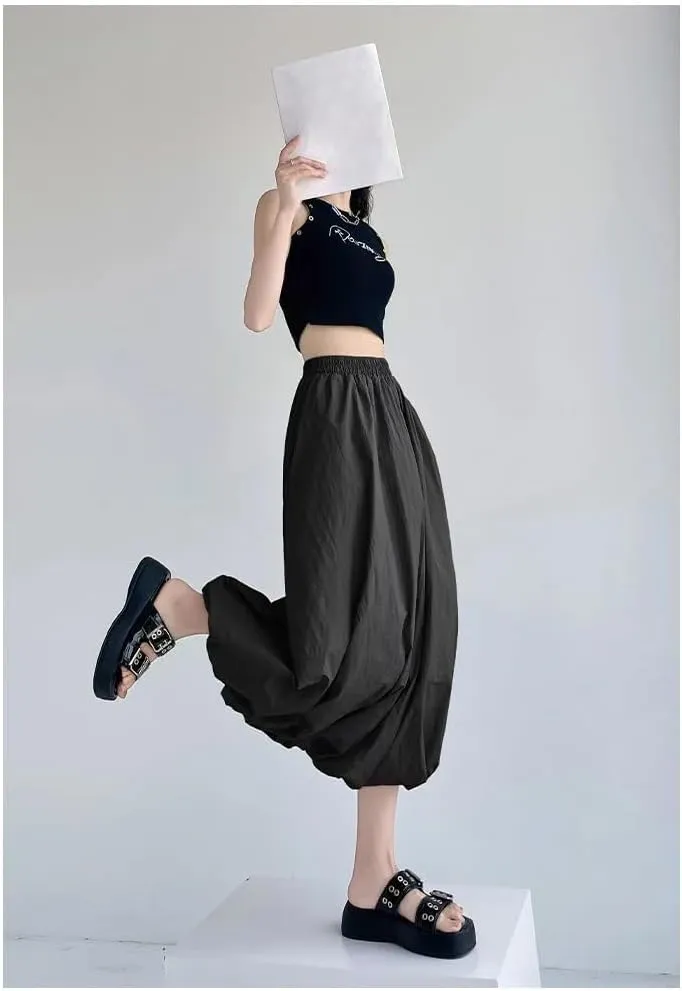 Sumleno Women 2025 Summer Bubble Maxi Skirt Ruffle Pleated Elastic Waist A-Line Long Skirt Y2k Aesthetic Midi Dress
