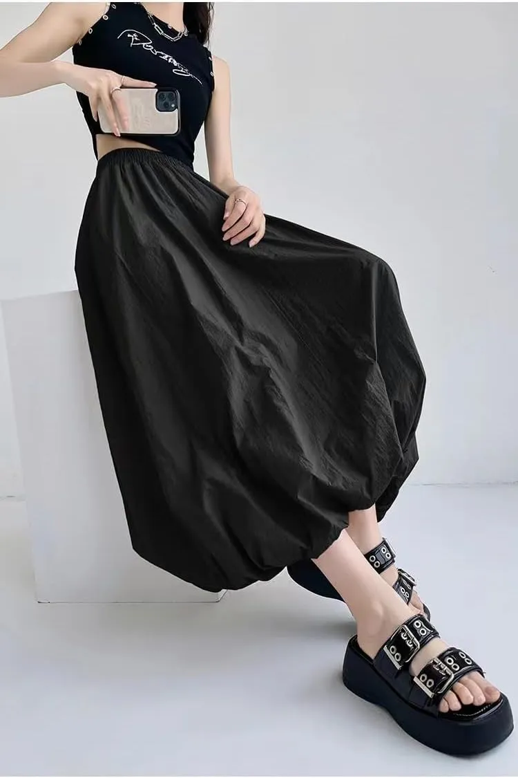 Sumleno Women 2025 Summer Bubble Maxi Skirt Ruffle Pleated Elastic Waist A-Line Long Skirt Y2k Aesthetic Midi Dress