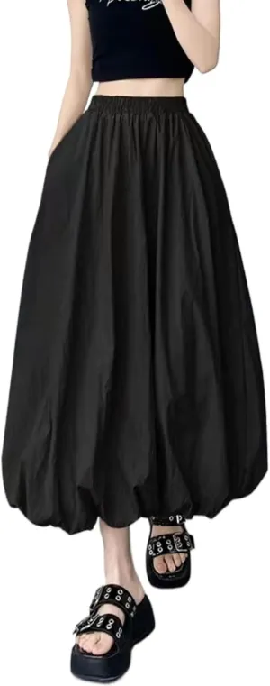 Sumleno Women 2025 Summer Bubble Maxi Skirt Ruffle Pleated Elastic Waist A-Line Long Skirt Y2k Aesthetic Midi Dress