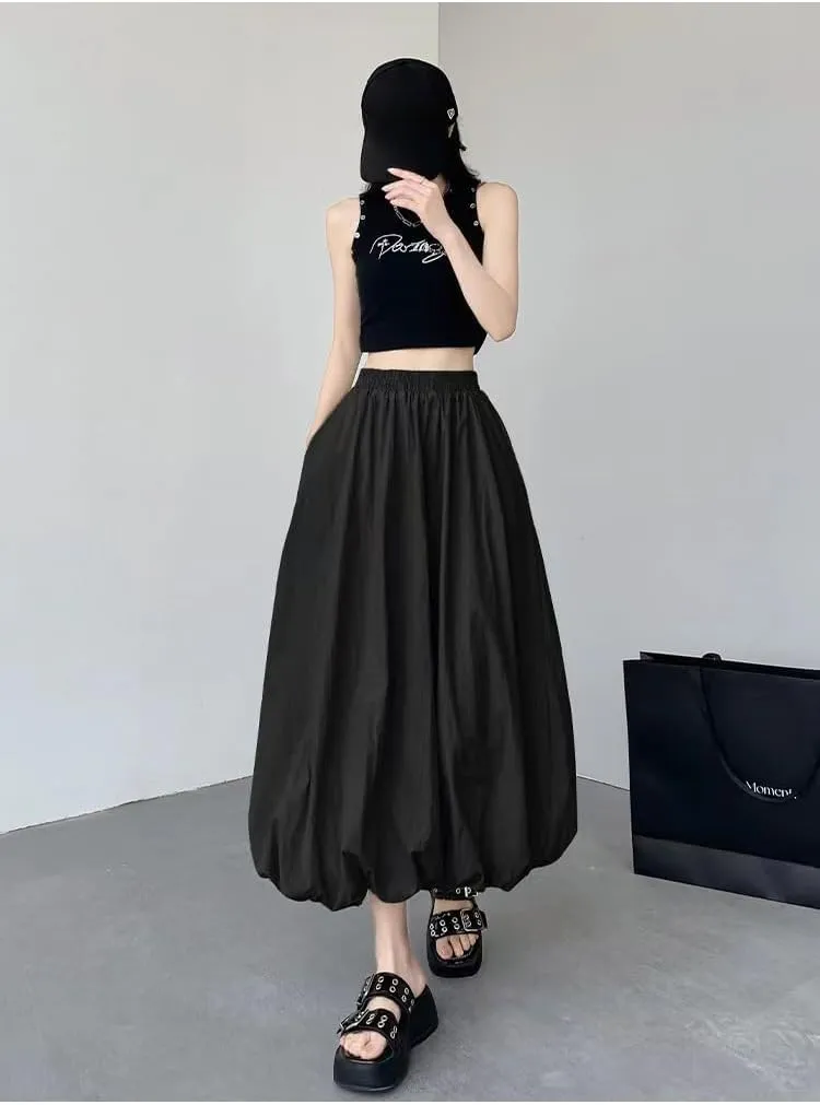 Sumleno Women 2025 Summer Bubble Maxi Skirt Ruffle Pleated Elastic Waist A-Line Long Skirt Y2k Aesthetic Midi Dress