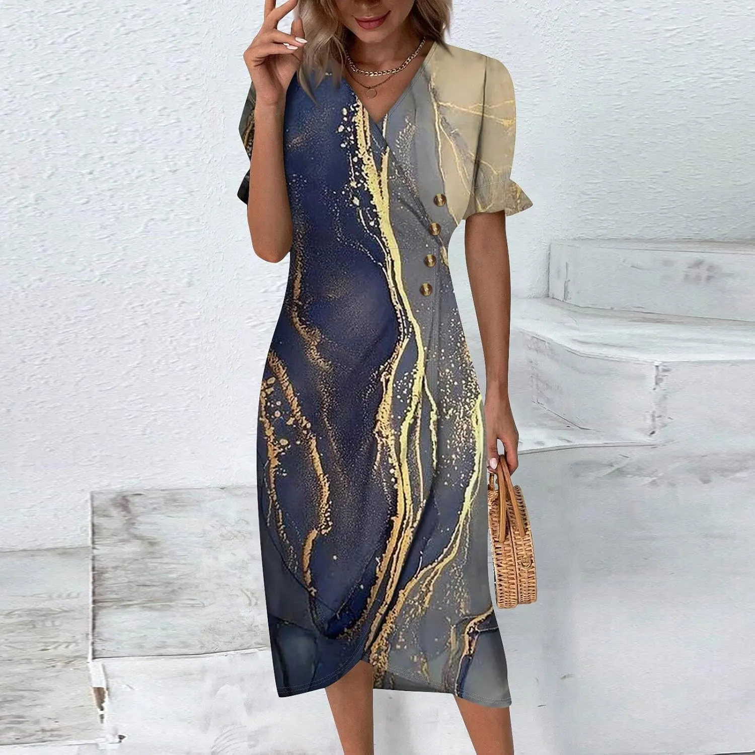 Summer Beach Dresses for Women 2024 Spring Elegant Wrap V Neck Floral Boho Dress Flowy Ruched Hawaiian Maxi Dress