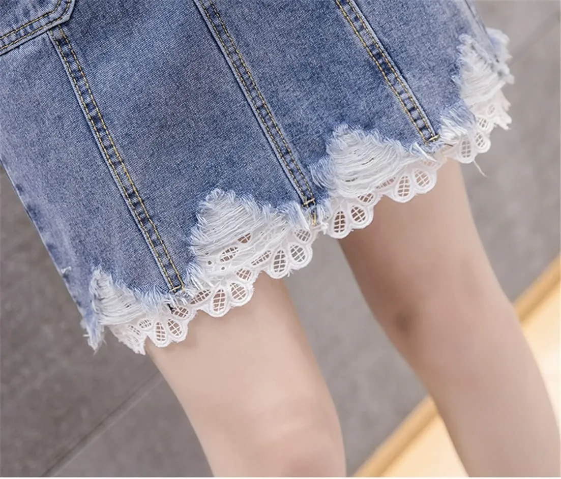 Summer Fashion Women High Waisted Button Ripped Hole Lace Patchwork Slim Denim Skirt Female