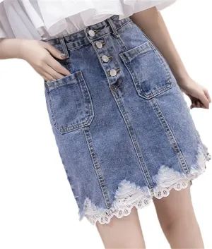 Summer Fashion Women High Waisted Button Ripped Hole Lace Patchwork Slim Denim Skirt Female