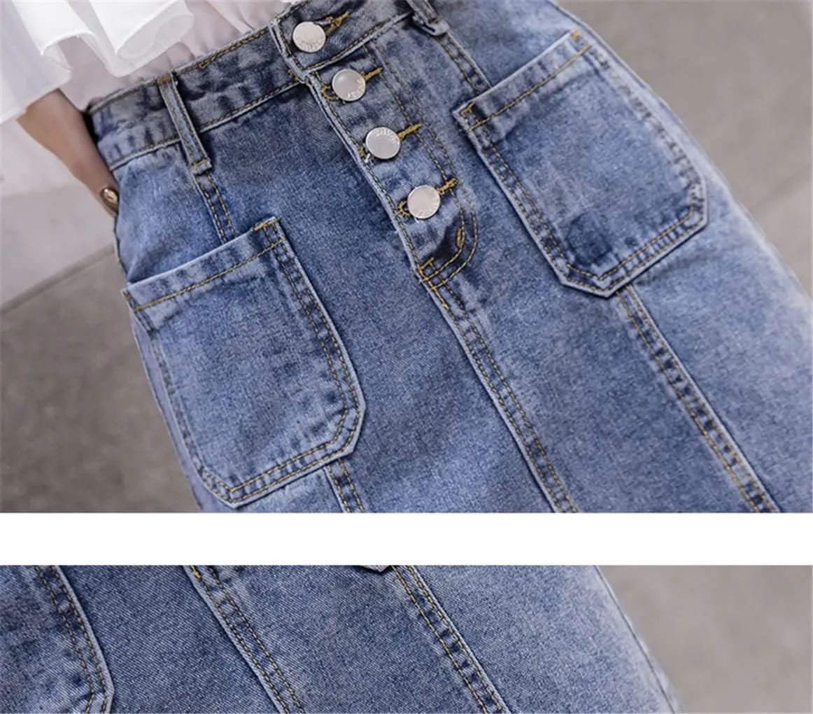 Summer Fashion Women High Waisted Button Ripped Hole Lace Patchwork Slim Denim Skirt Female