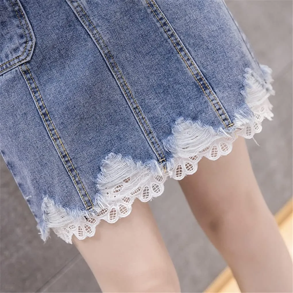 Summer Fashion Women High Waisted Button Ripped Hole Lace Patchwork Slim Denim Skirt Female