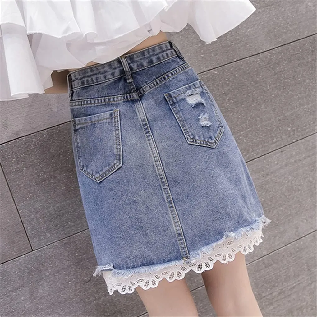 Summer Fashion Women High Waisted Button Ripped Hole Lace Patchwork Slim Denim Skirt Female