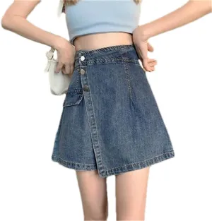 Suwequest Denim Shorts Women's Fake Two Girls' Small High-Waisted A-Line Short Skirt Pants