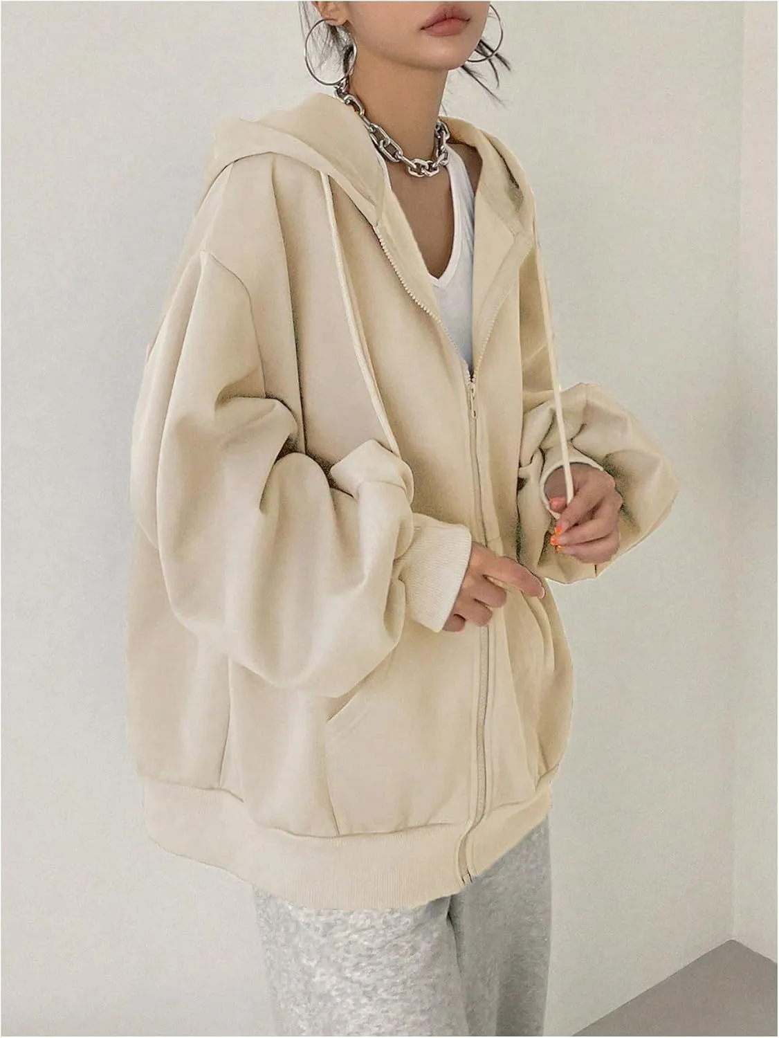 SweatyRocks Women's Causal Drop Shoulder Long Sleeve Sweatshirts Oversized Full Zip Solid Hoodie with Pocket