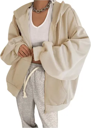 SweatyRocks Women's Causal Drop Shoulder Long Sleeve Sweatshirts Oversized Full Zip Solid Hoodie with Pocket
