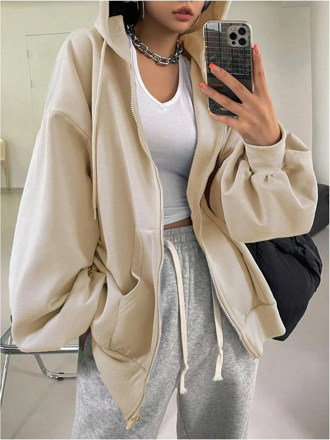 SweatyRocks Women's Causal Drop Shoulder Long Sleeve Sweatshirts Oversized Full Zip Solid Hoodie with Pocket