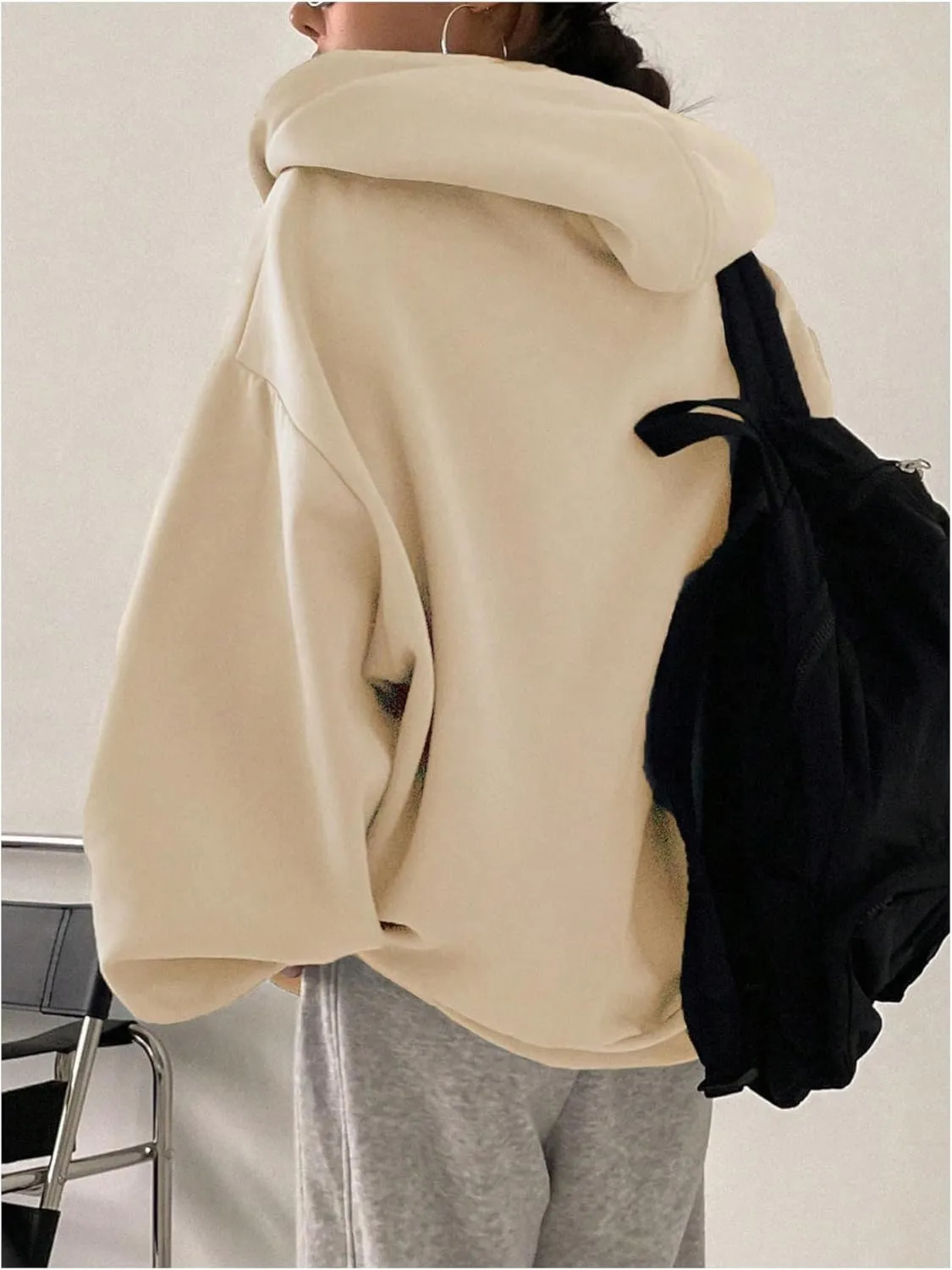 SweatyRocks Women's Causal Drop Shoulder Long Sleeve Sweatshirts Oversized Full Zip Solid Hoodie with Pocket