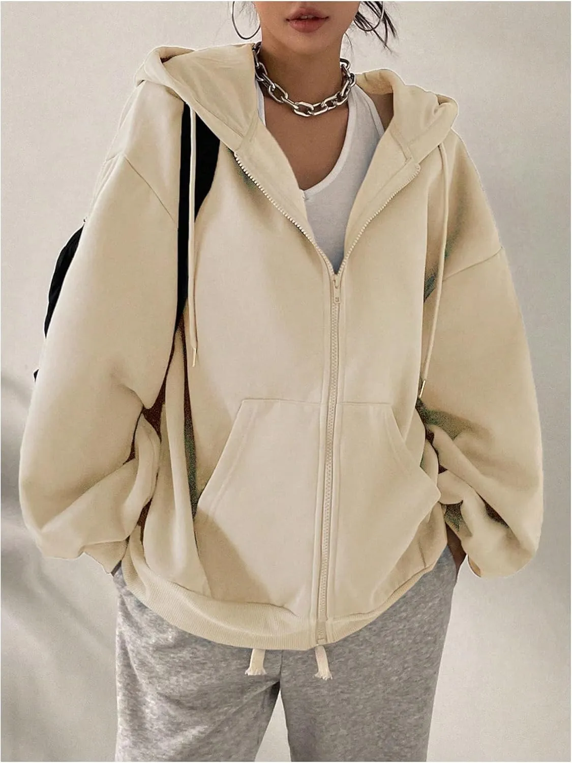 SweatyRocks Women's Causal Drop Shoulder Long Sleeve Sweatshirts Oversized Full Zip Solid Hoodie with Pocket