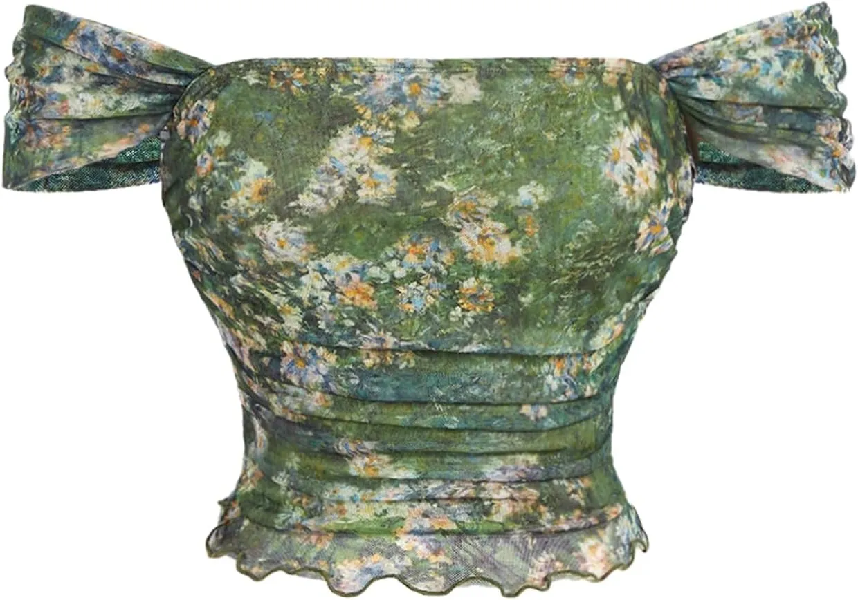 SweatyRocks Women's Off Shoulder T Shirt Floral Mesh Ruched Fitted Vintage Boho Crop Tops
