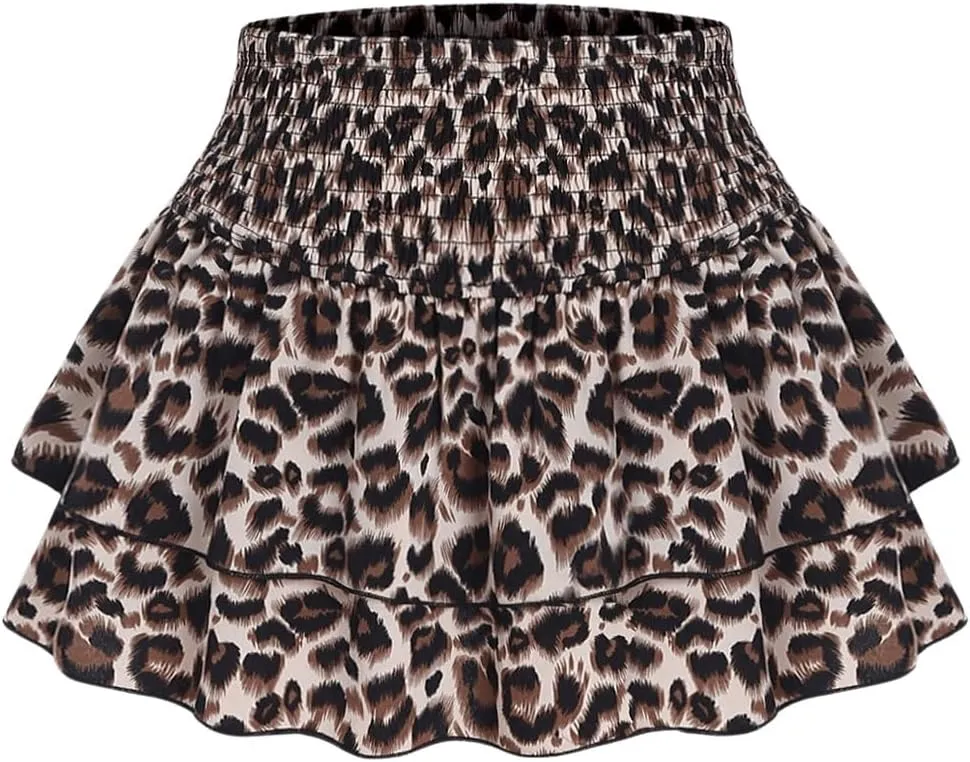SweatyRocks Women's Y2K Cheetah Print Layered Ruffle Shirred High Waist Leopard Mini Short Skirts