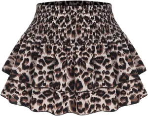 SweatyRocks Women's Y2K Cheetah Print Layered Ruffle Shirred High Waist Leopard Mini Short Skirts