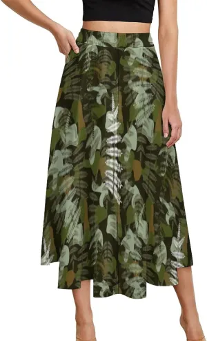 Sweet Camouflage Leaf Printed Midi Skirts High Elastic Waist Ruched Boho Mini Club Skirt