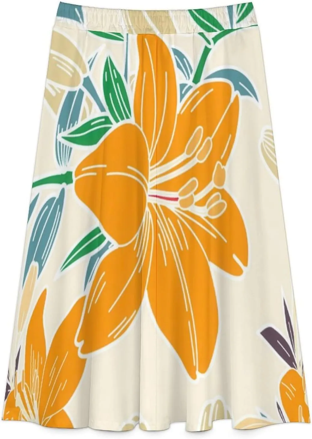 SweetCasual Orange Florals Print Midi Skirts High Elastic Waist Pleated Boho Spring Skirt
