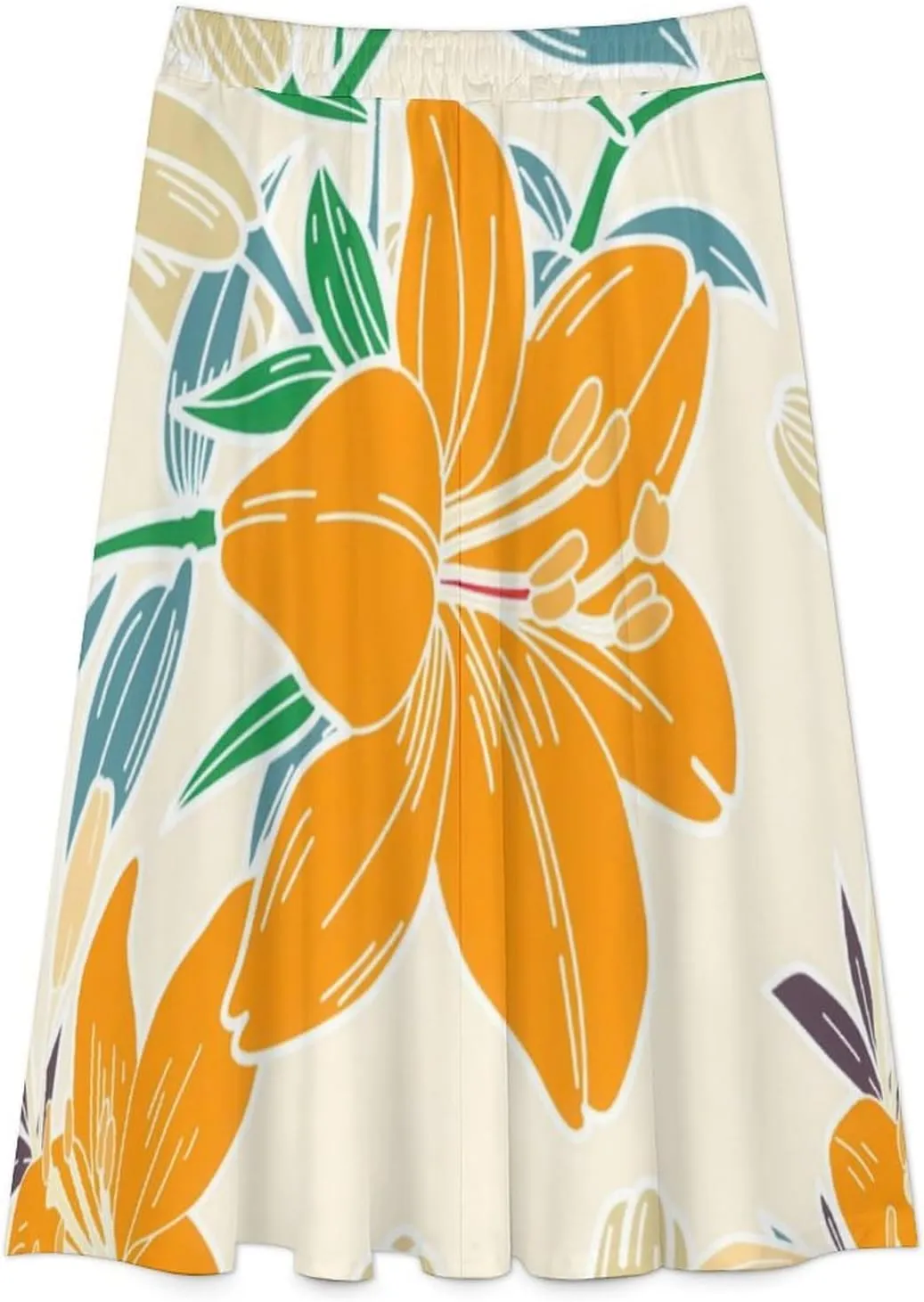 SweetCasual Orange Florals Print Midi Skirts High Elastic Waist Pleated Boho Spring Skirt