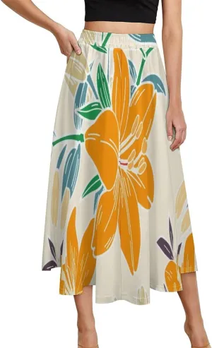 SweetCasual Orange Florals Print Midi Skirts High Elastic Waist Pleated Boho Spring Skirt