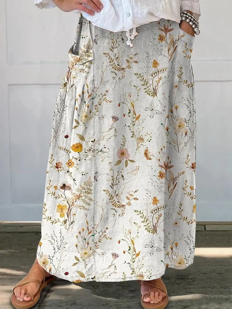TIAFORD Women Flowy Floral Print Maxi Skirt Summer Casual Boho High Elastic Waist Loose Long Skirt with Pocket