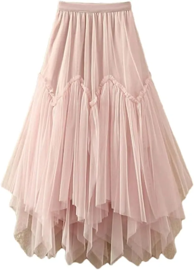 Tulle Long Skirt for Women Irregular Hem High Waist Pleated Mesh Midi Skirt Female