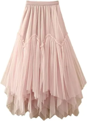 Tulle Long Skirt for Women Irregular Hem High Waist Pleated Mesh Midi Skirt Female