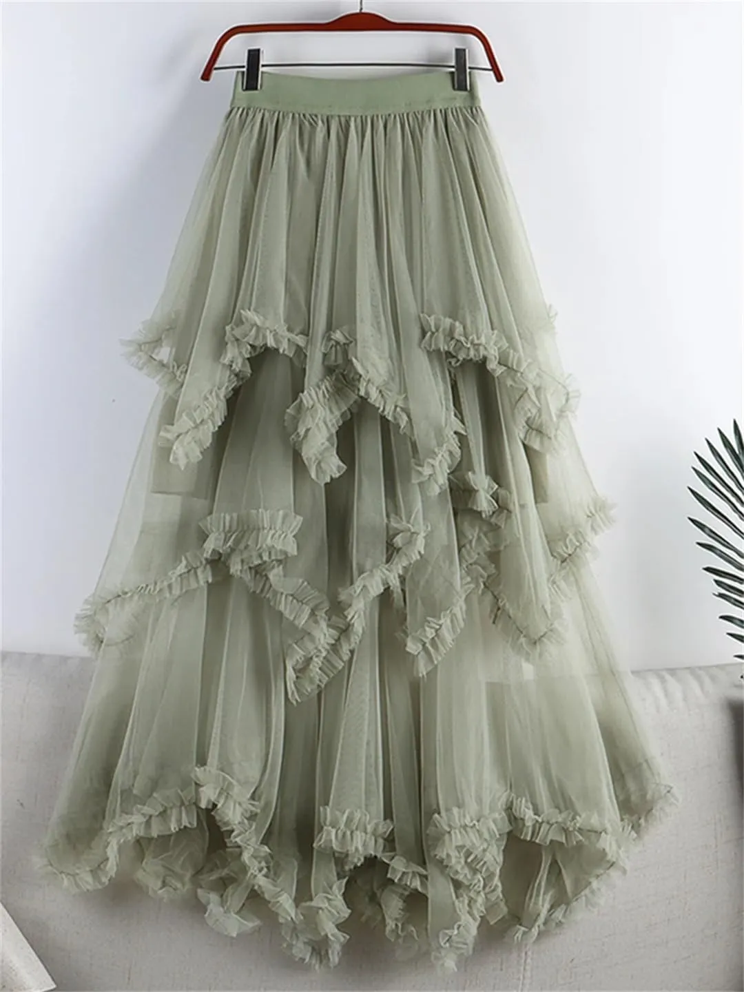 Tulle Long Skirt for Women Summer Irregular Mesh High Waist Maxi Skirt Pleated A-Line Swing Midi Skirt