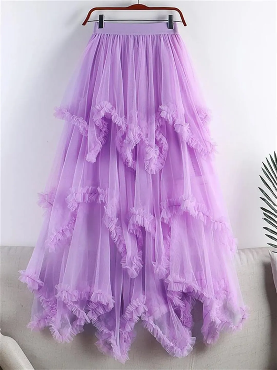 Tulle Long Skirt for Women Summer Irregular Mesh High Waist Maxi Skirt Pleated A-Line Swing Midi Skirt